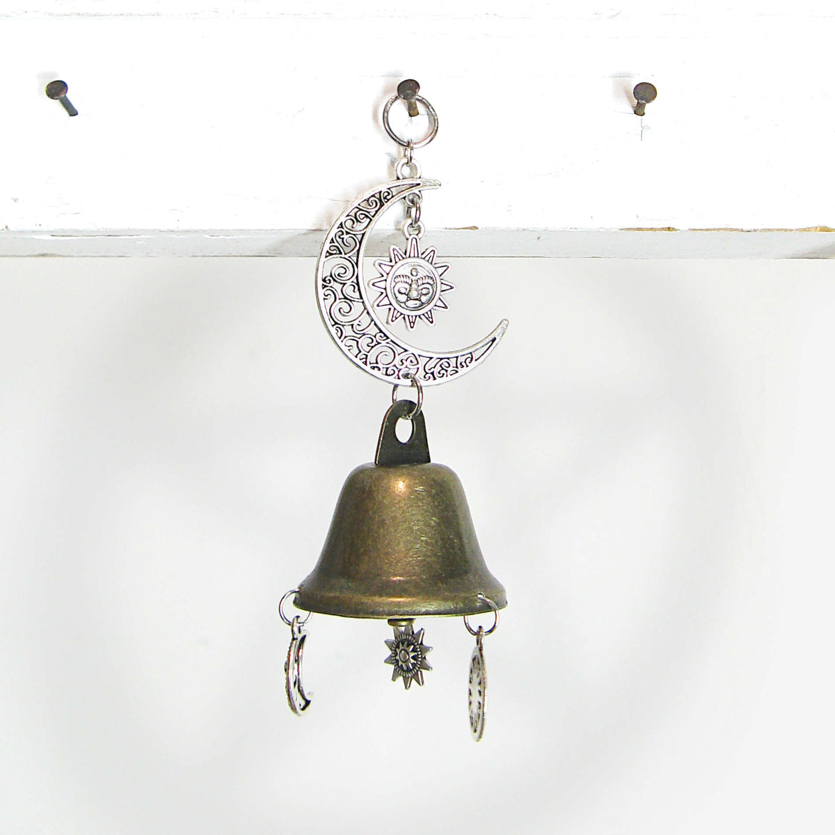 Hanging Witch's Bell with Silvery Crescent Moon and Celestial Charms Handmade For Cleansing and Protection Against Evil | Woot & Hammy