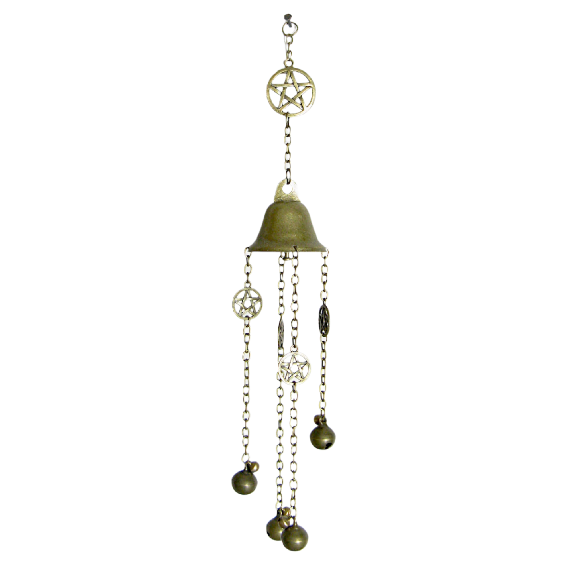 Hanging Witch's Bell with Five Pentacles and Sleigh Bells on Chains - Handmade - Protection Cleansing Pagan Wiccan Decor Sacred Space Altar
