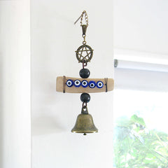 Hanging Witch's Bell with 5 Evil Eyes Driftwood Pentagram & Beads Handmade For Cleansing and Protection Against Evil | Woot & Hammy