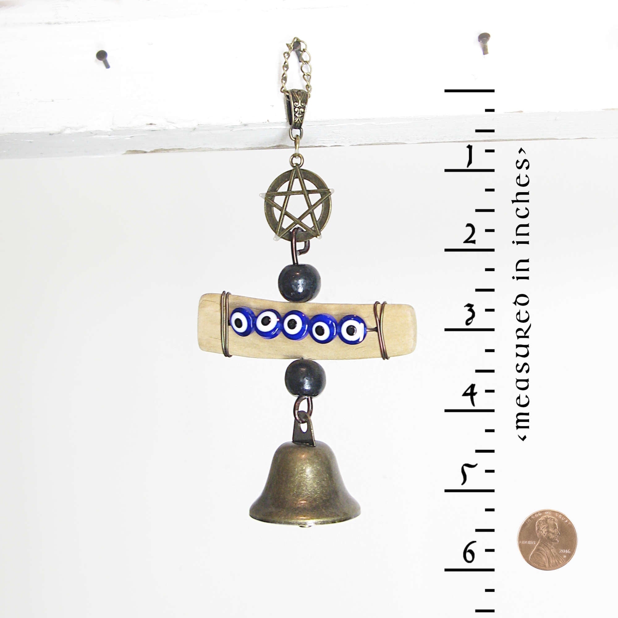 Hanging Witch's Bell with 5 Evil Eyes Driftwood Pentagram & Beads Handmade For Cleansing and Protection Against Evil | Woot & Hammy