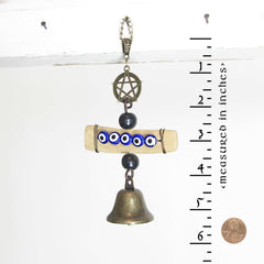 Hanging Witch's Bell with 5 Evil Eyes Driftwood Pentagram & Beads Handmade For Cleansing and Protection Against Evil | Woot & Hammy