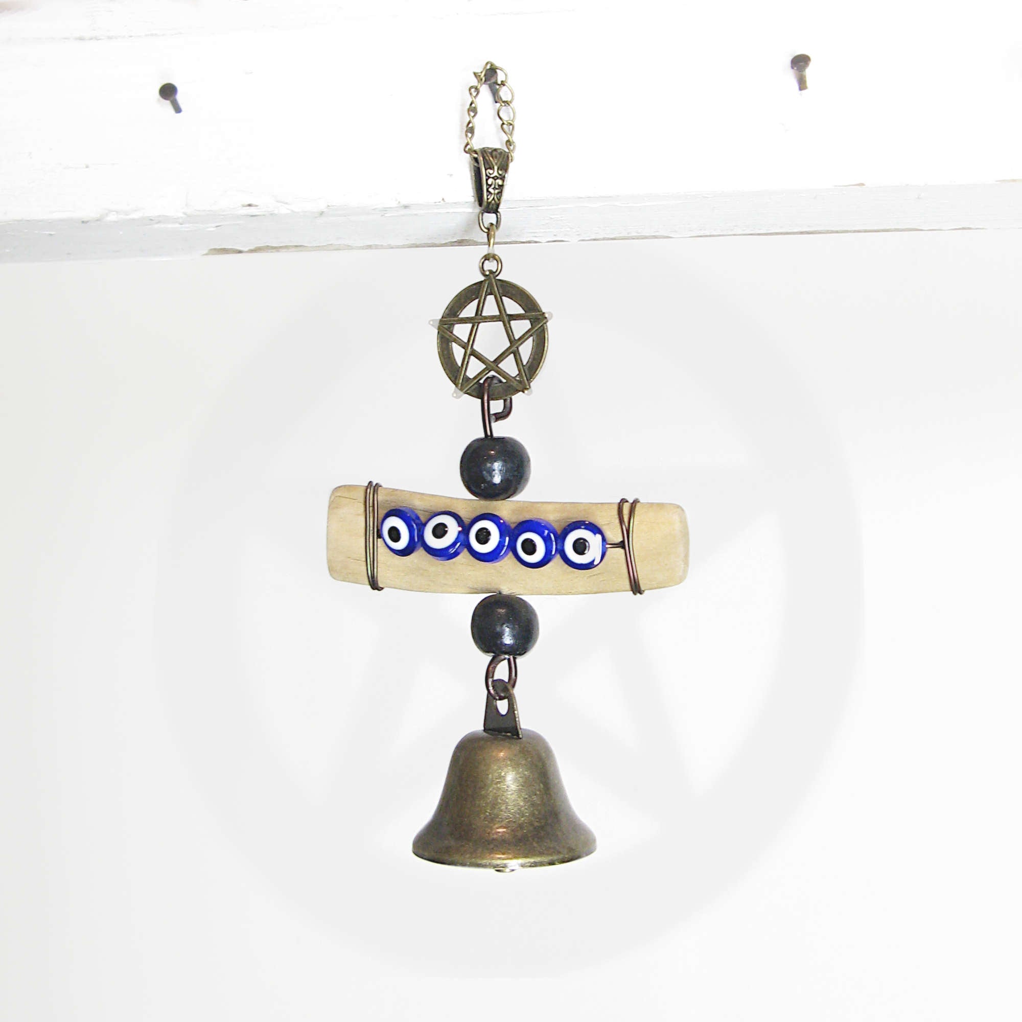 Hanging Witch's Bell with 5 Evil Eyes Driftwood Pentagram & Beads Handmade For Cleansing and Protection Against Evil | Woot & Hammy