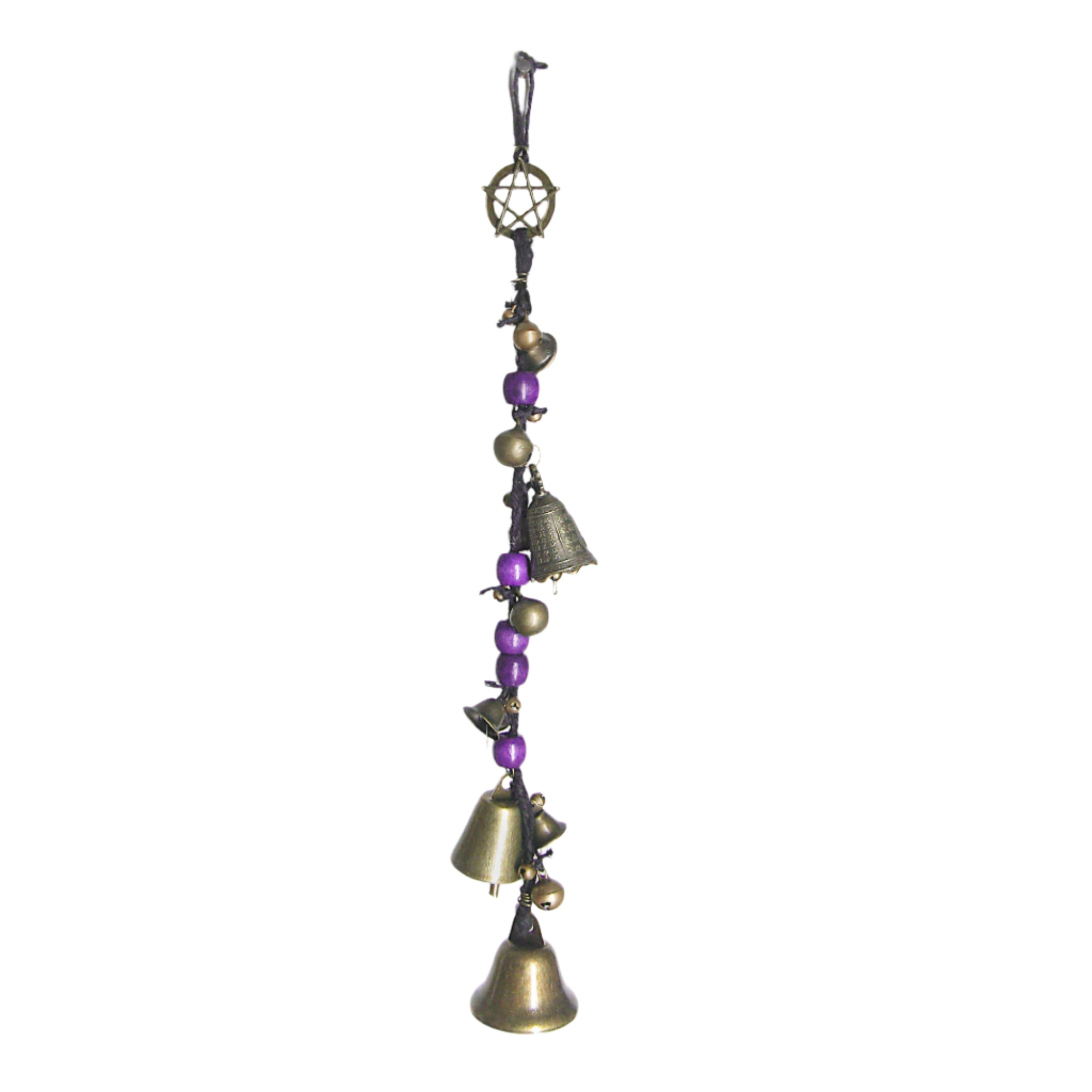 Long Braided Twine Hanging Witch's Bell with Pentacle, Mixed Bells & Purple Beads, Handmade