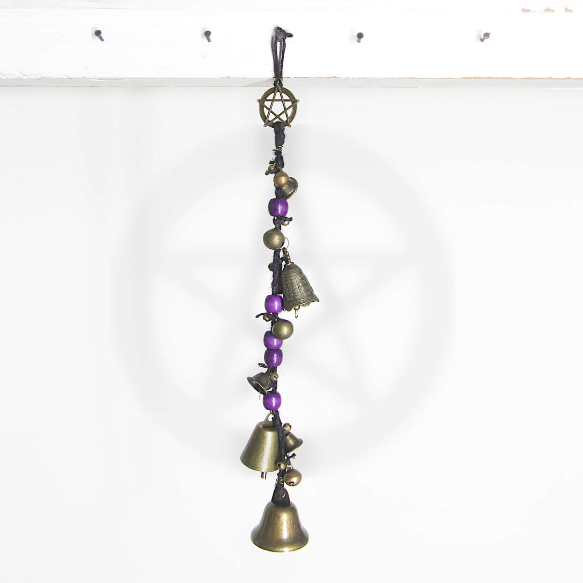 Long Hanging Witch's Bell With Many Bells Beads Pentagram Braided Black Twine Handmade For Cleansing and Protection Against Evil | Woot & Hammy