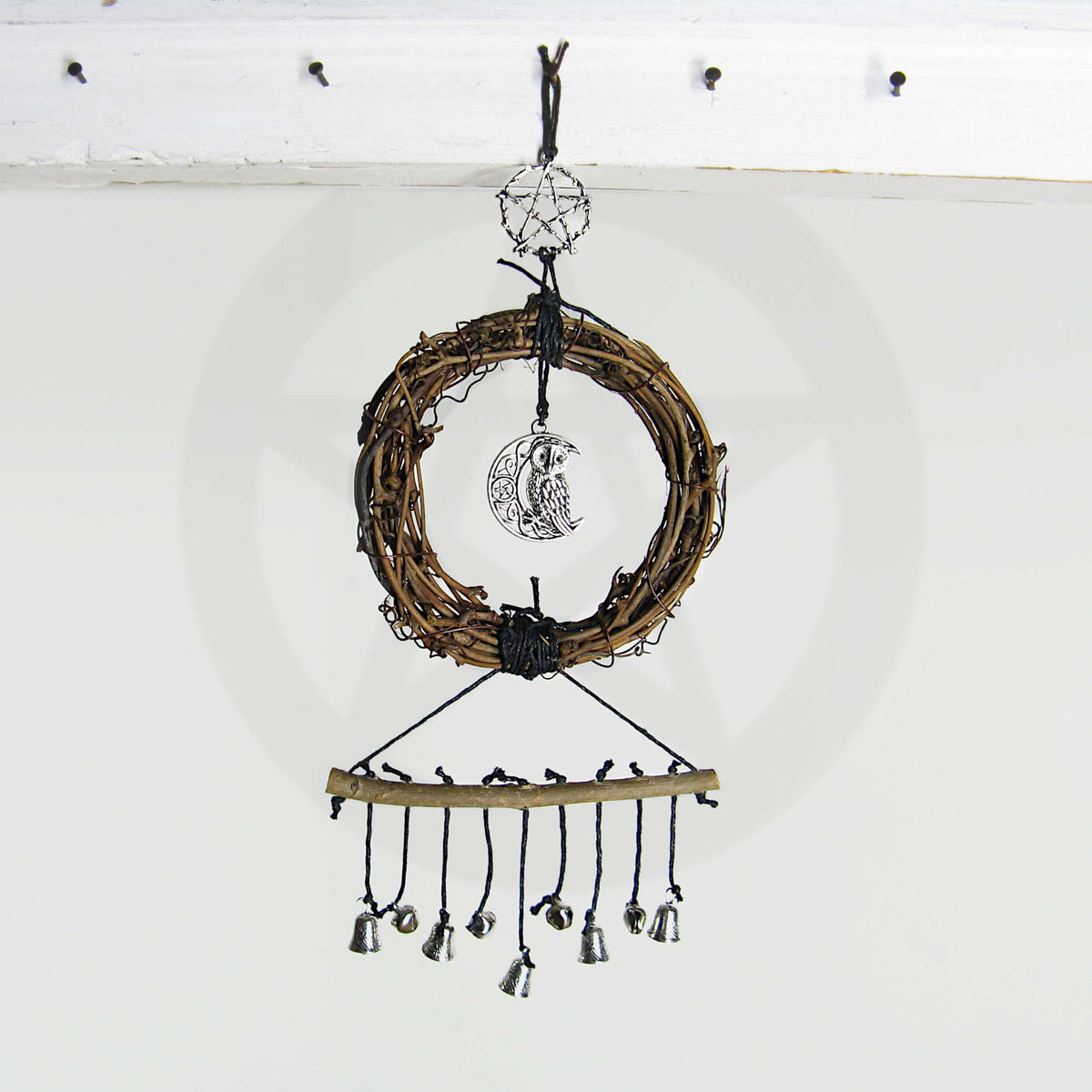 Wall Hanging Small Wreath Owl Celtic Crescent Moon Pentagram Twig Bells Handmade Cleansing Protection Against Evil | Woot & Hammy