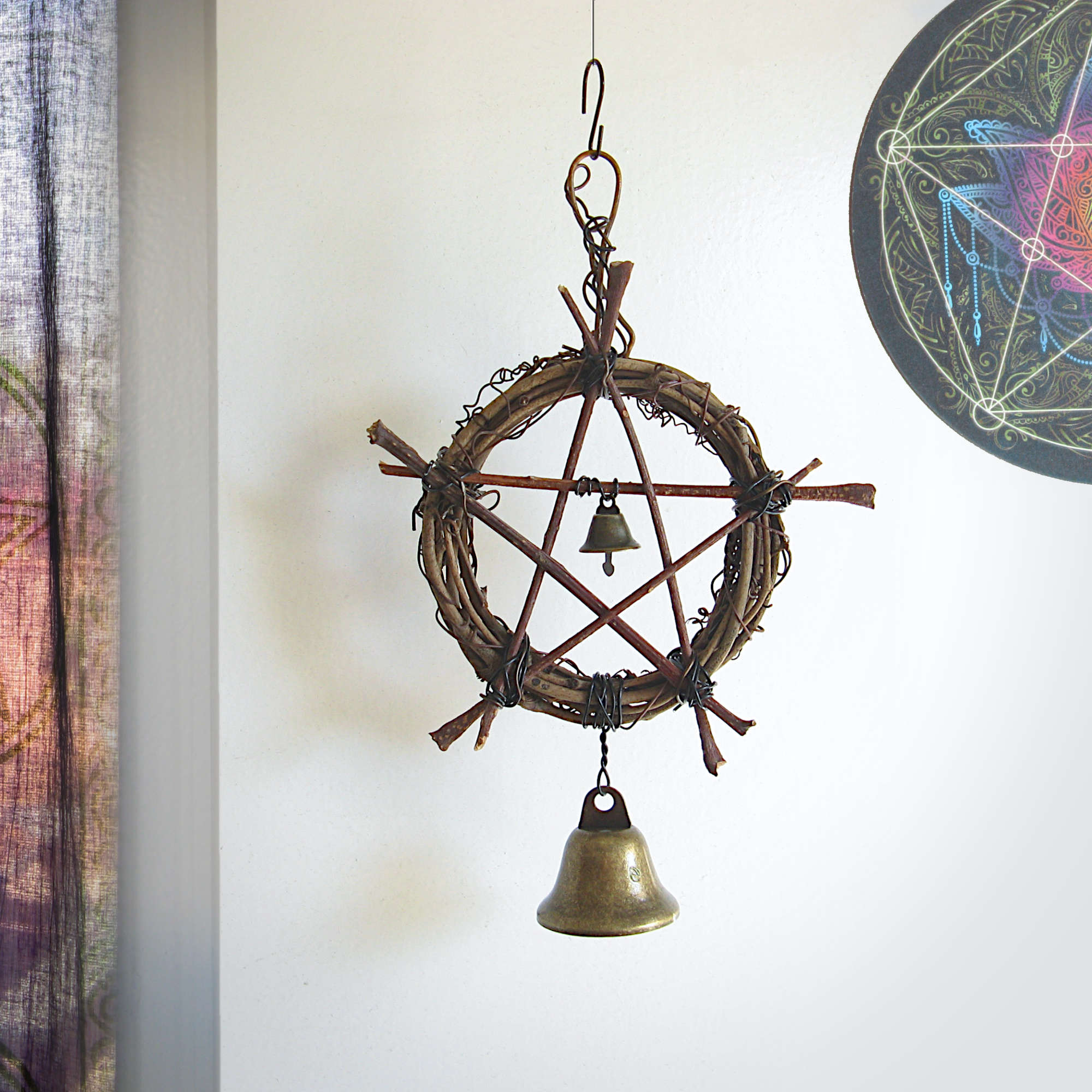 Rustic Hanging Witch's Bell Small Wreath Pentagram of Twigs Large Small Bell Handmade Cleansing Protection Against Evil | Woot & Hammy