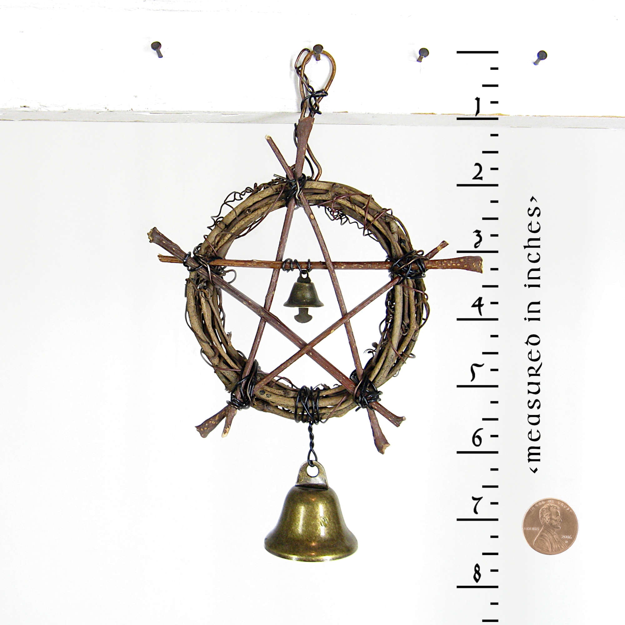 Rustic Hanging Witch's Bell Small Wreath Pentagram of Twigs Large Small Bell Handmade Cleansing Protection Against Evil | Woot & Hammy