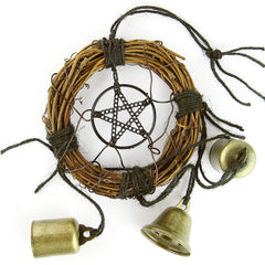 Hanging Witch's Bell Wreath Black Pentagram 3 Bells Black Twine Handmade For Cleansing Protection Against Evil | Woot & Hammy