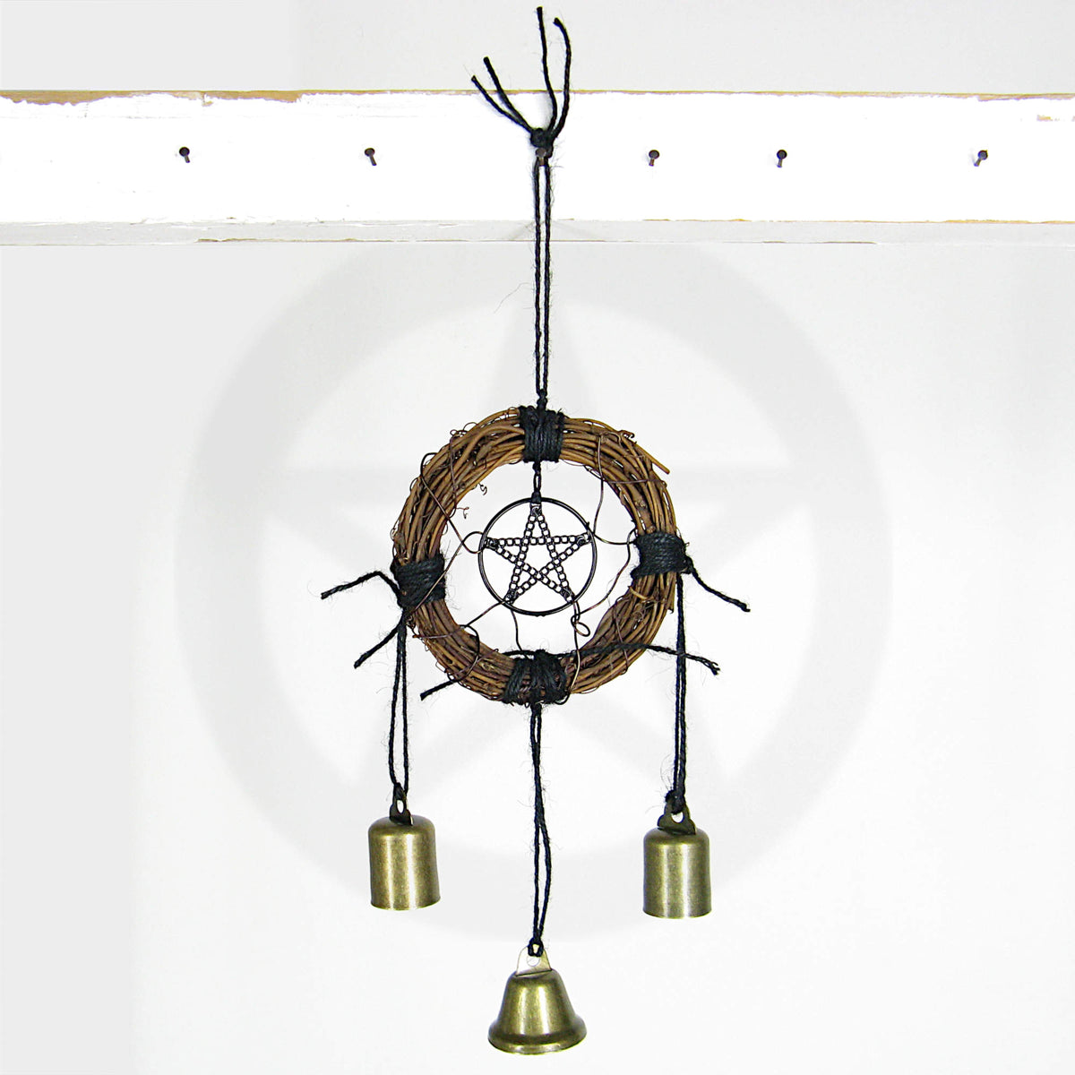 Hanging Witch's Bell Wreath Black Pentagram 3 Bells Black Twine Handmade For Cleansing Protection Against Evil | Woot & Hammy