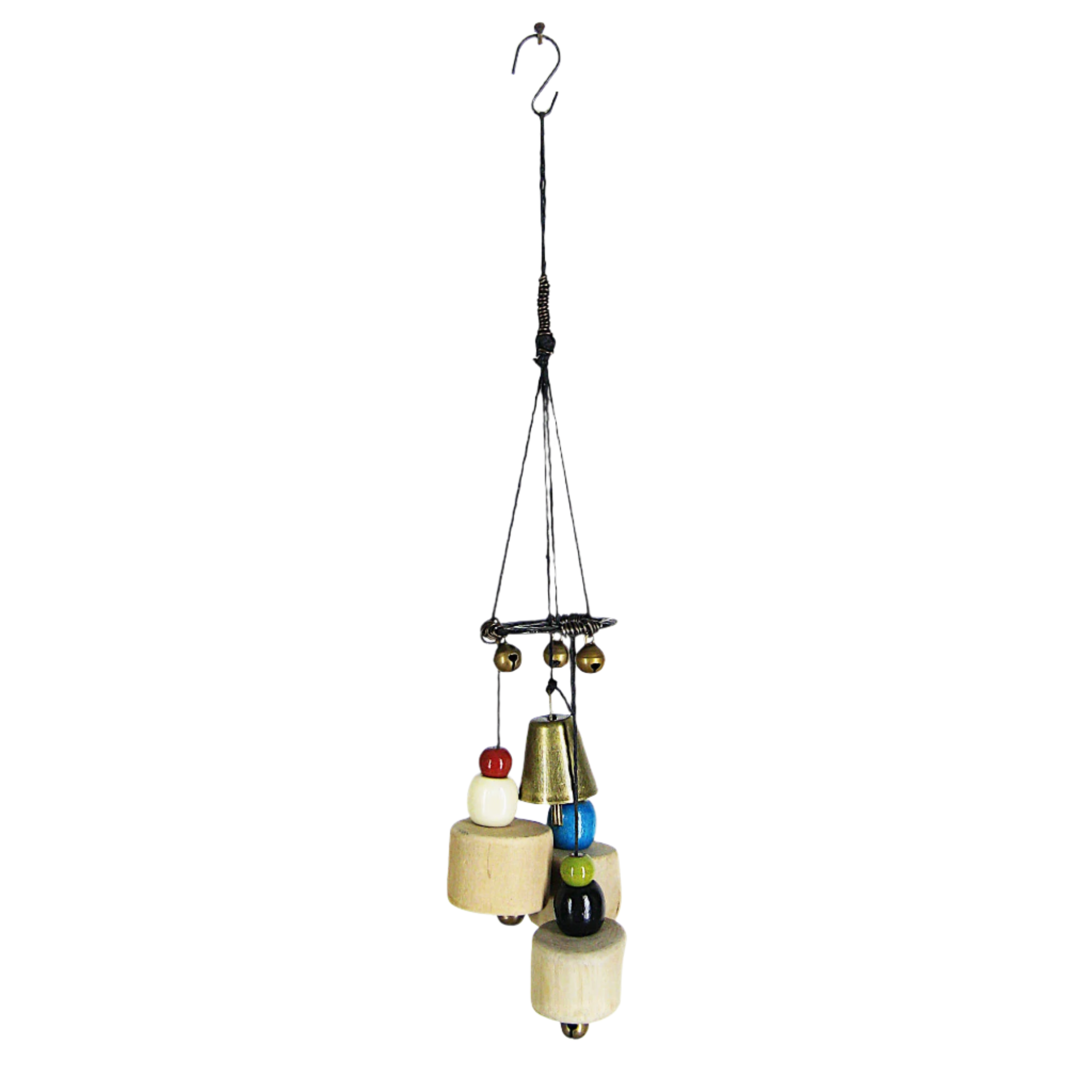 Chunky Driftwood & Witch's Bell Windchime with Hammered Spiral, Beads, and Tiny Bells, Handmade
