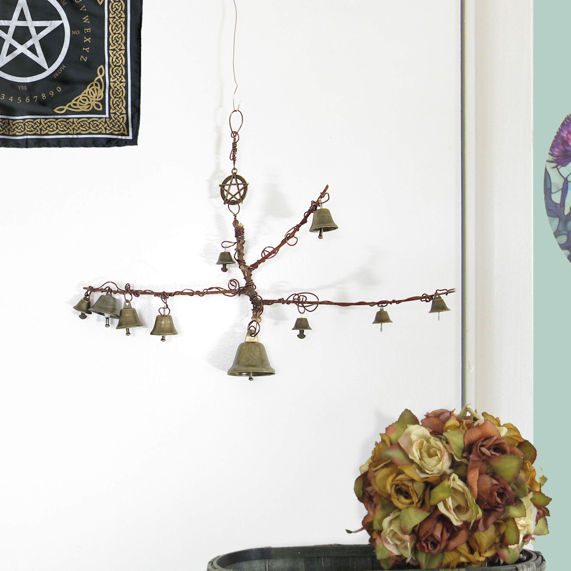 Unusual Hanging Witch's Bell Branch 10 Bells Pentagram Vines Handmade Cleansing Protection Against Evil Nature | Woot & Hammy