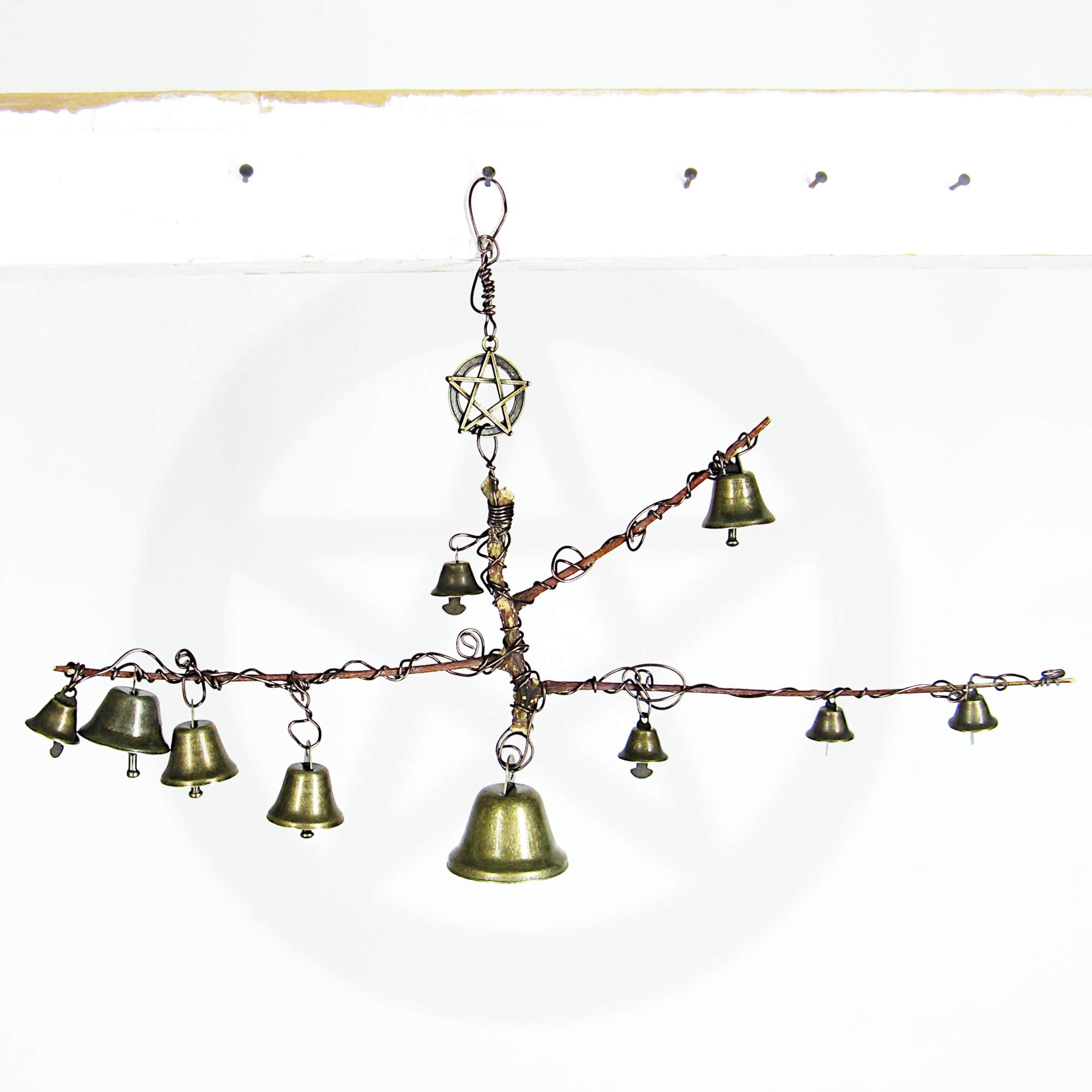 Unusual Hanging Witch's Bell Branch 10 Bells Pentagram Vines Handmade Cleansing Protection Against Evil Nature | Woot & Hammy