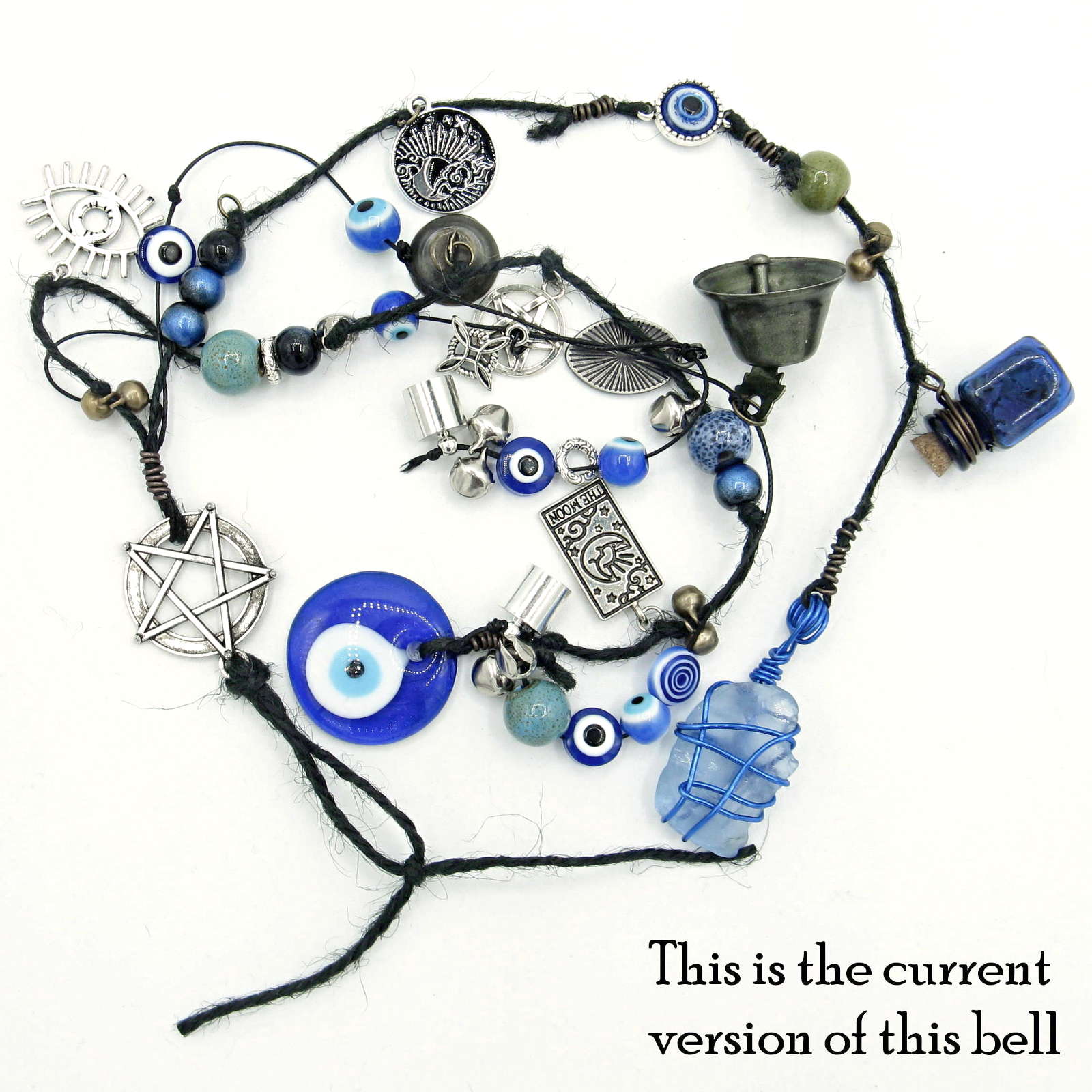 Long Hanging Witch's Bell with Evil Eyes, Pentacle, Many Charms and ...