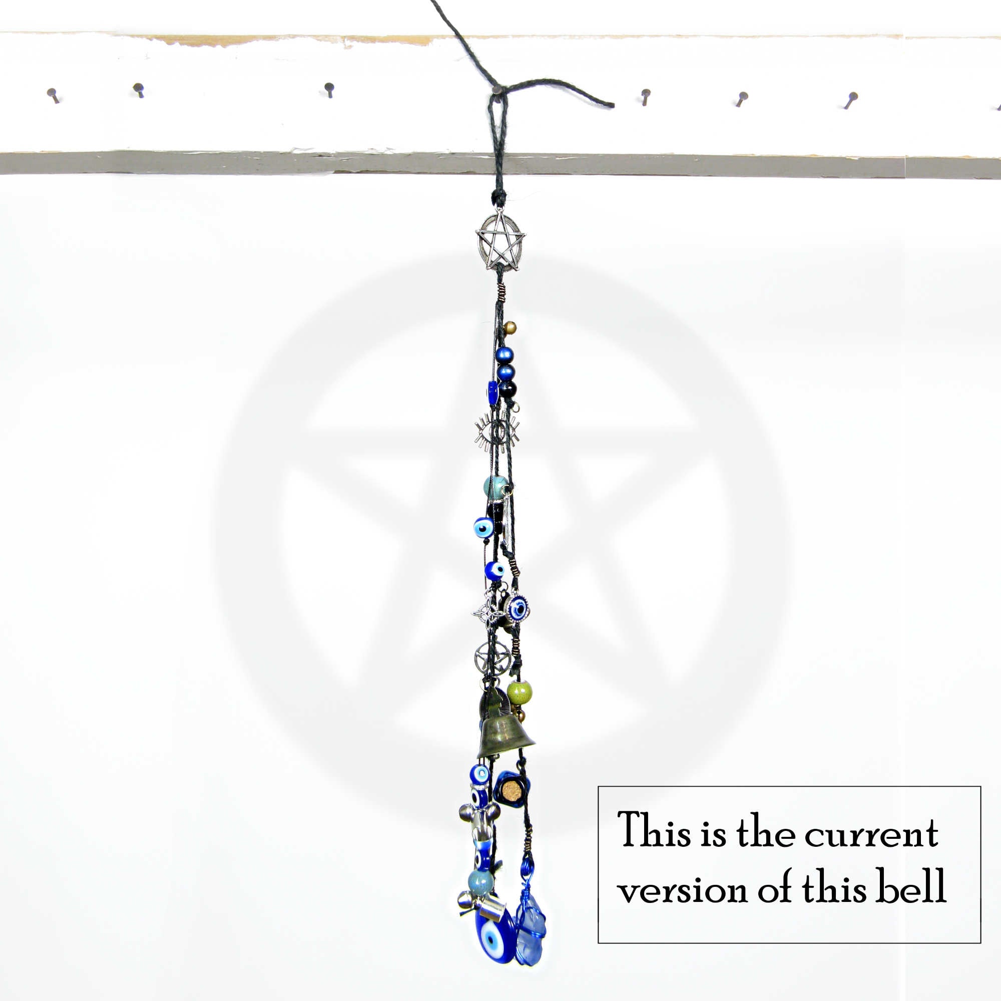 Hanging Witch's Bells Strung w/ Evil Eyes Pentagrams Witch's Knot Tumbled Glass Tarot Beads & Charms Handmade For Cleansing and Protection Against Evil | Woot & Hammy