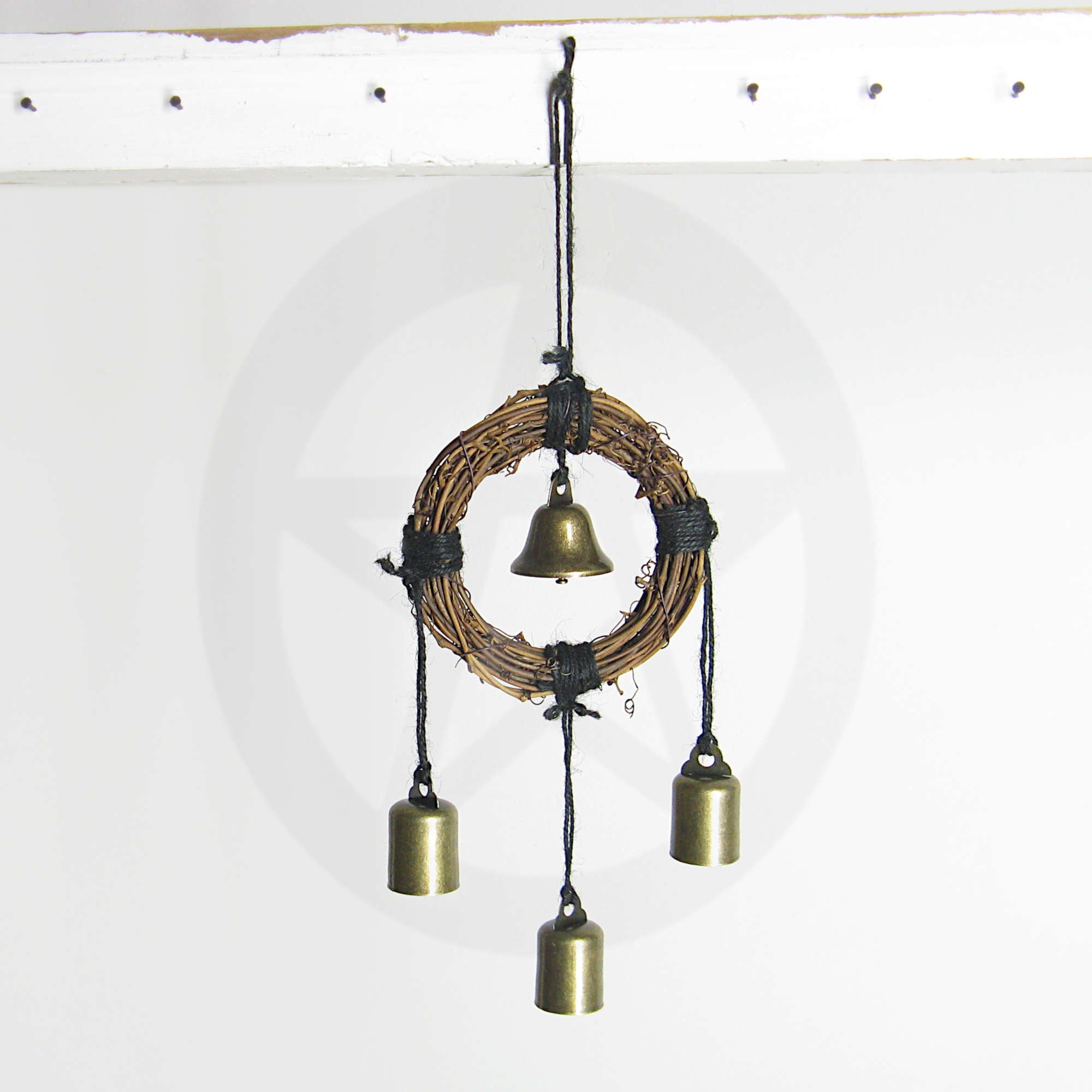 Hanging Witch's Bell with Small Wreath, 4 Bells and Black Twine Handmade For Cleansing and Protection Against Evil | Woot & Hammy