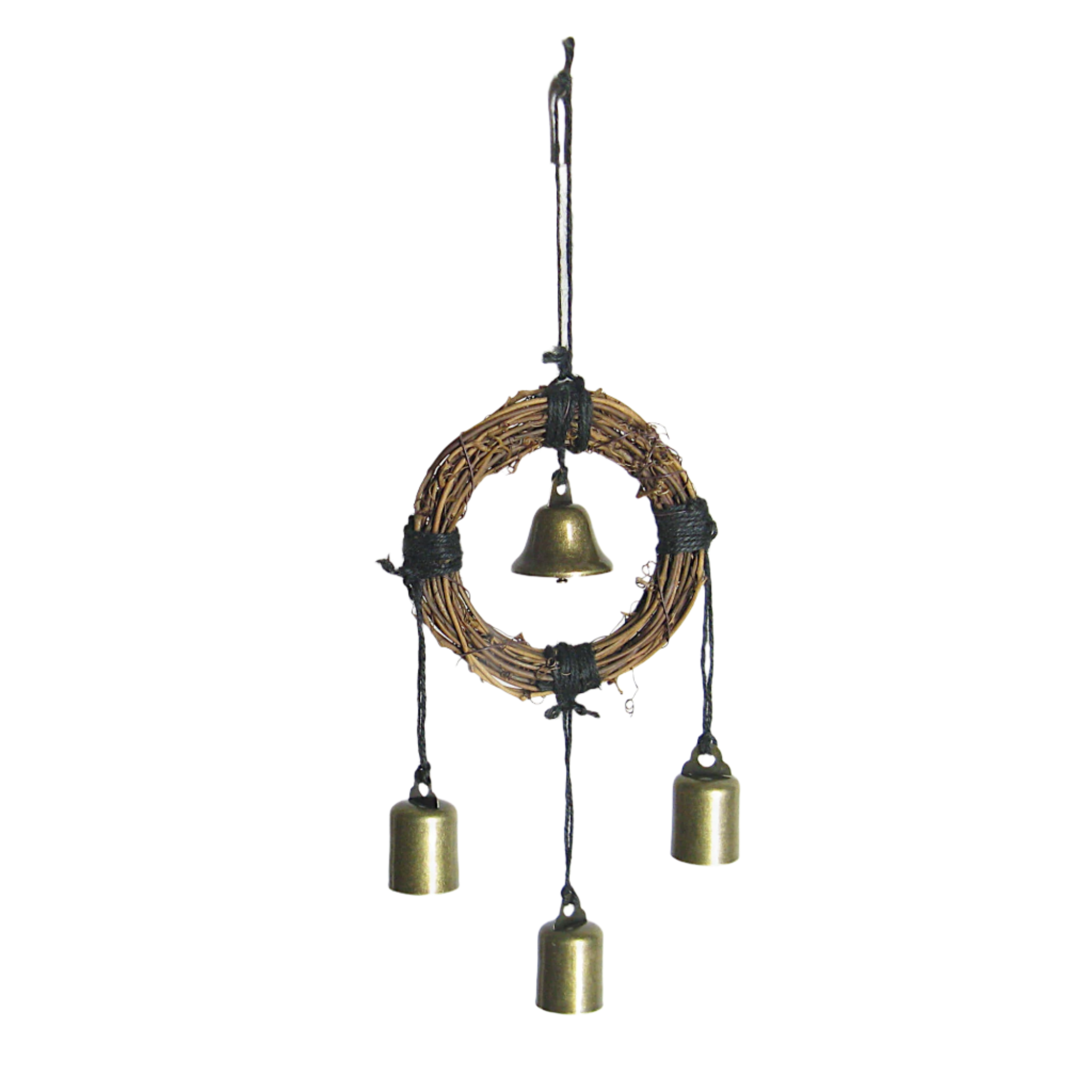 Hanging Witch's Bell with Small Wreath, 4 Bells and Black Twine - Handmade