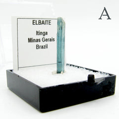 Side view of tall slender blue tourmaline elbaite crystal on stand labeled on white background