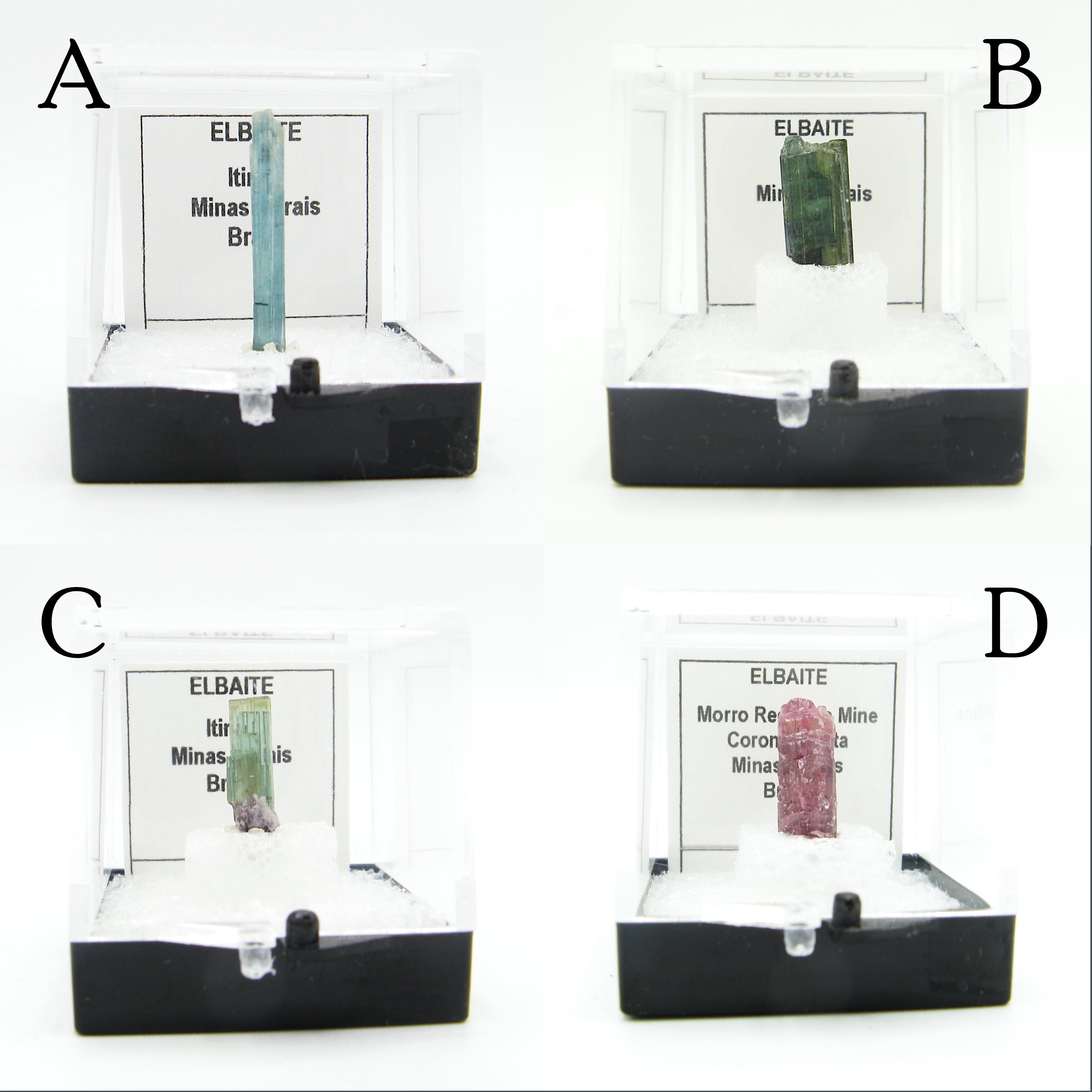 4 different tourmaline elbaite crystals in cases labeled on white background