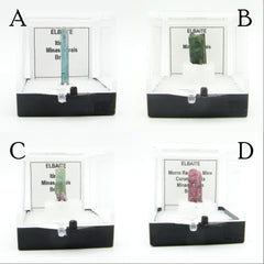 4 different tourmaline elbaite crystals in cases labeled on white background