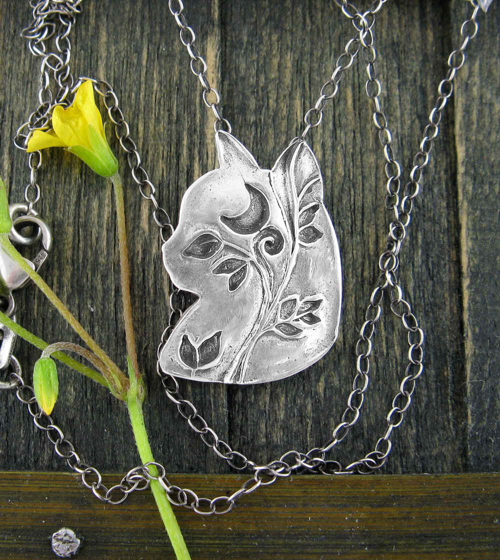 Cat Head Silhouette Pendant with Crescent Moon & Vines  Handmade  | Woot & Hammy