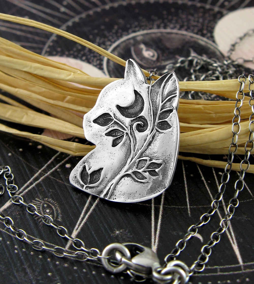 Cat Head Silhouette Pendant with Crescent Moon & Vines  Handmade  | Woot & Hammy