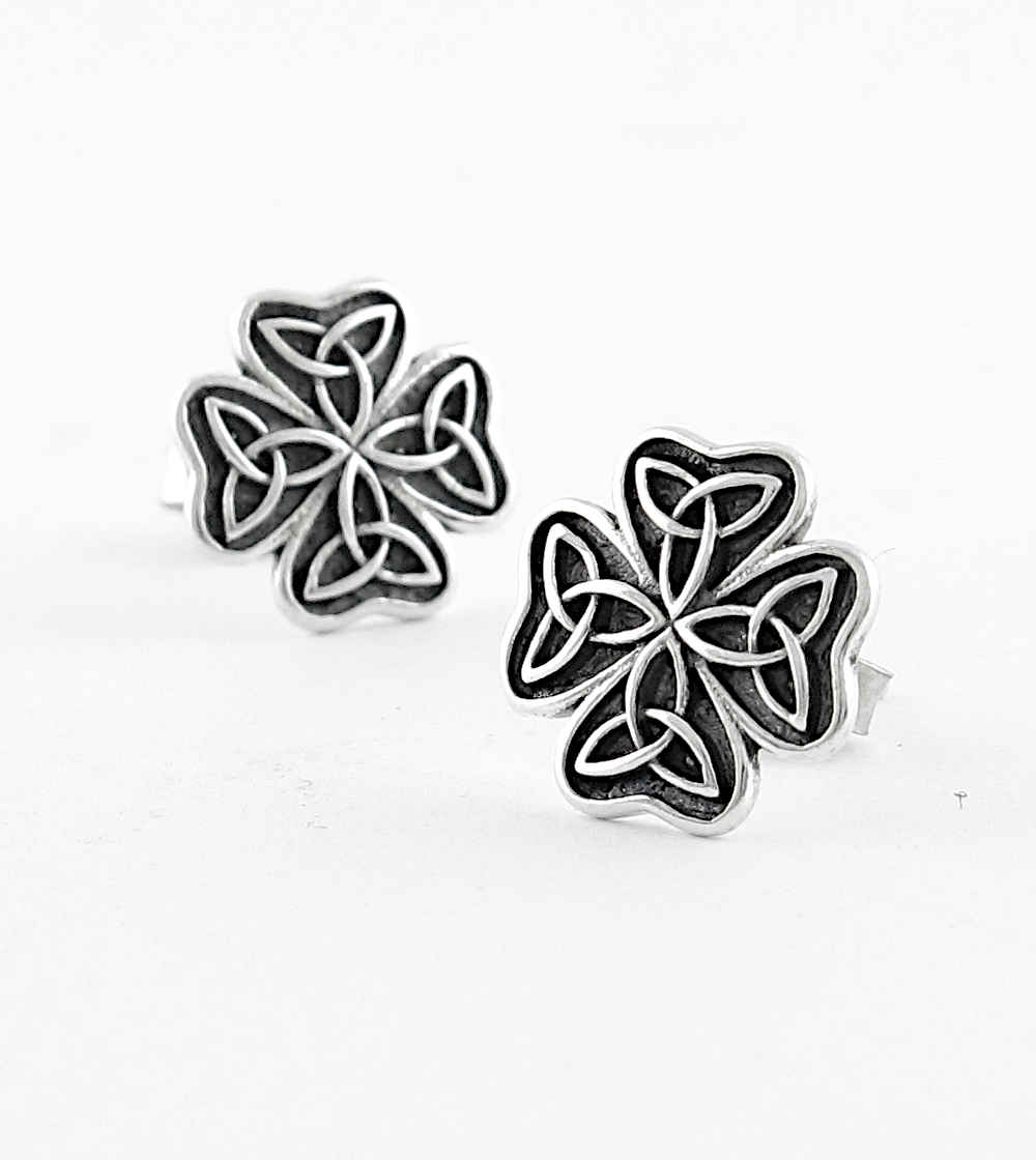 Celtic Cross Four-Leaf Clover With Triquetra Knots Oxidized Post Earrings | Woot & Hammy