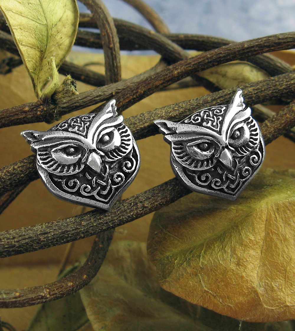 Celtic Owls' Faces Oxidized Post Earrings Wisdom Night Hunters | Woot & Hammy