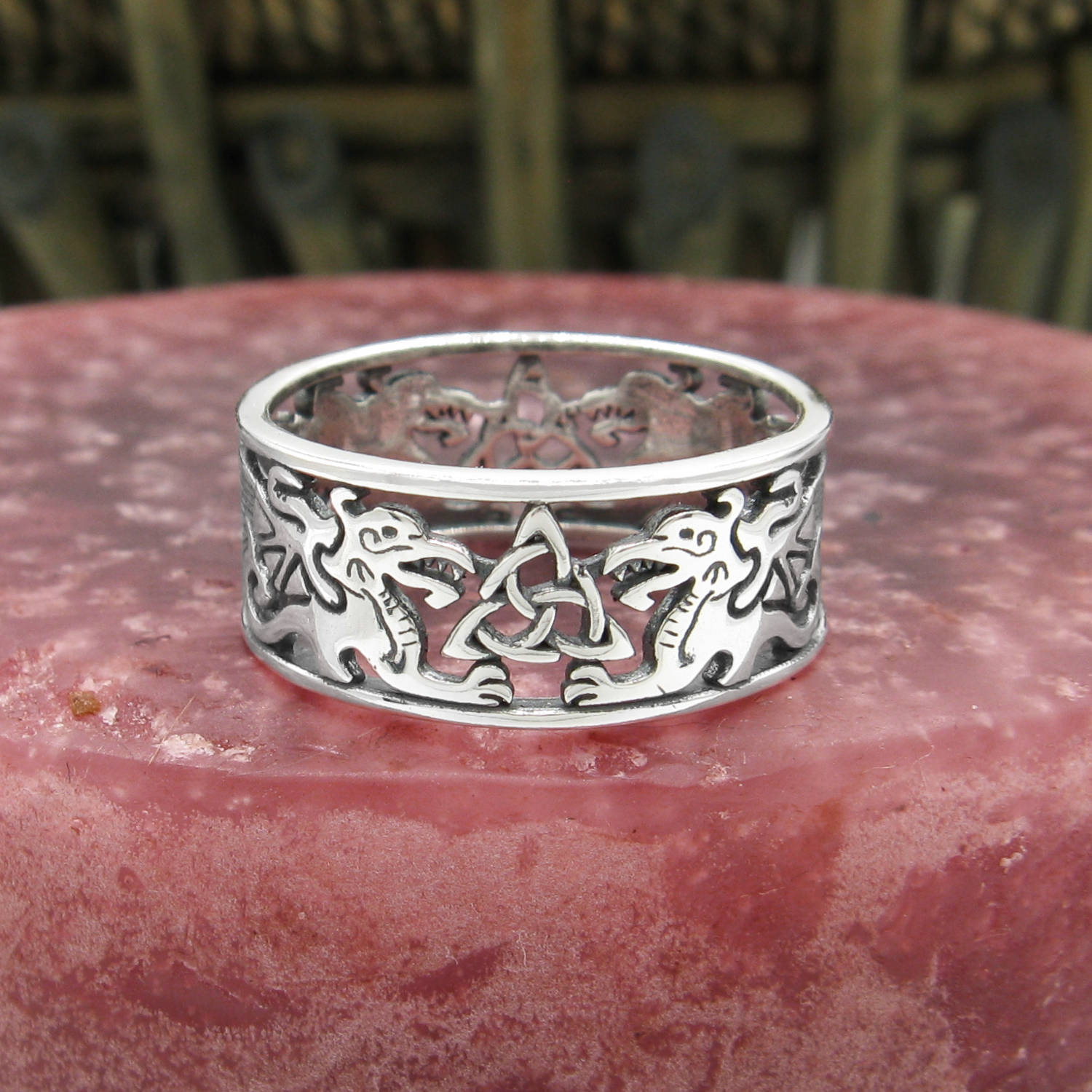 Celtic Triquetra and Dragons Cut-Out Band Ring Trinity Birth Life Death Infinity Luck Prosperity Strength Courage | Woot & Hammy