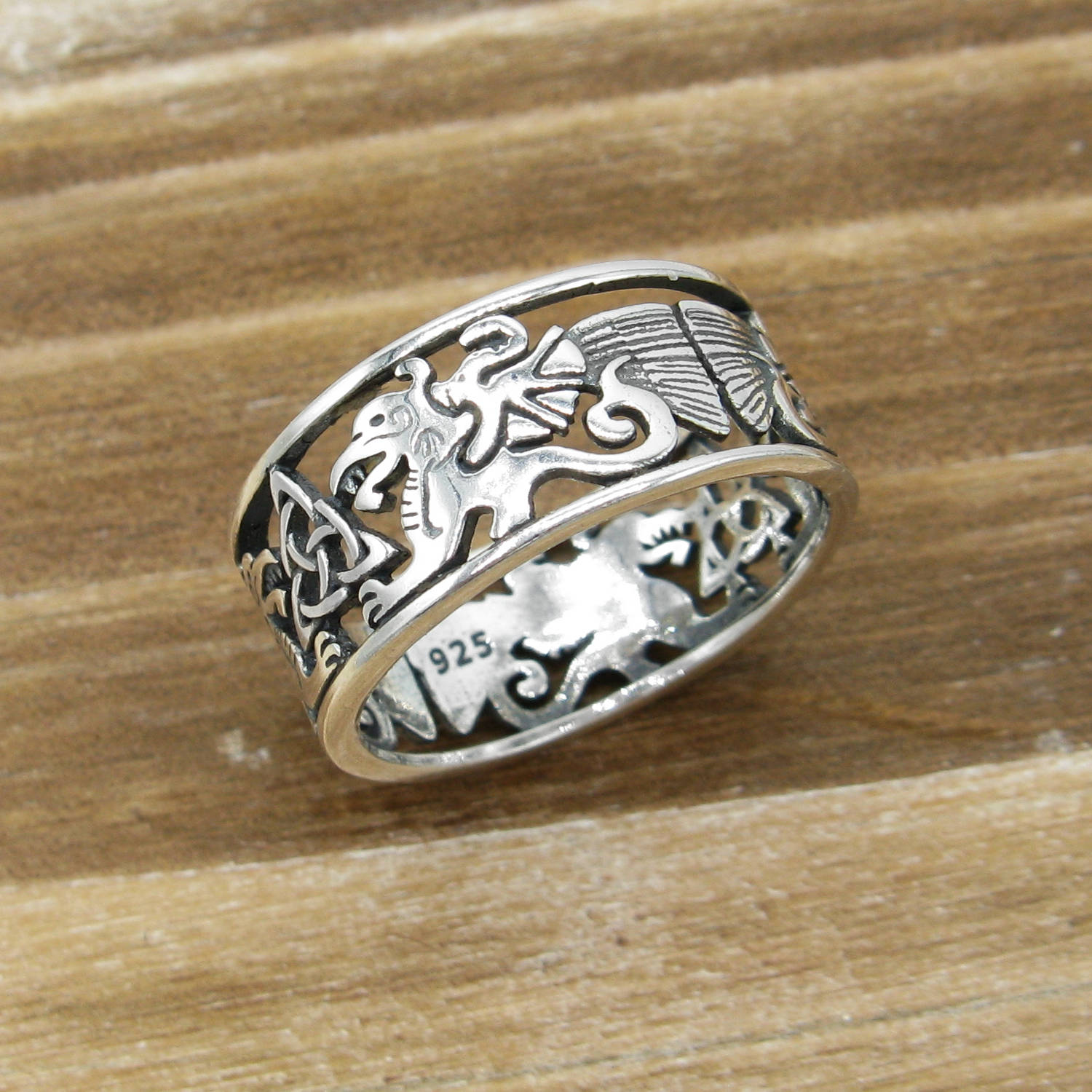 Celtic Triquetra and Dragons Cut-Out Band Ring Trinity Birth Life Death ...