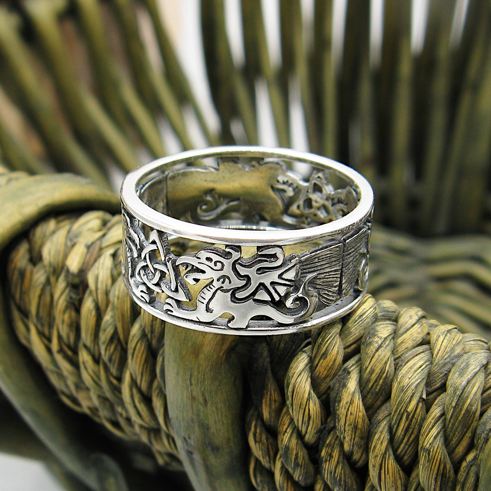 Celtic Triquetra and Dragons Cut-Out Band Ring Trinity Birth Life Death Infinity Luck Prosperity Strength Courage | Woot & Hammy