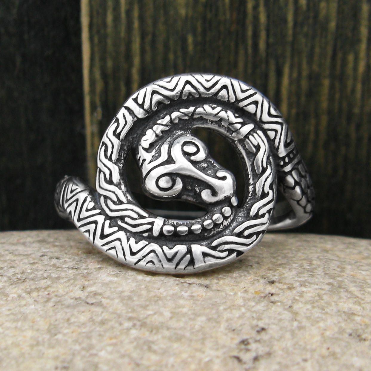Coiled Ouroboros Snake Oxidized Ring Tribal