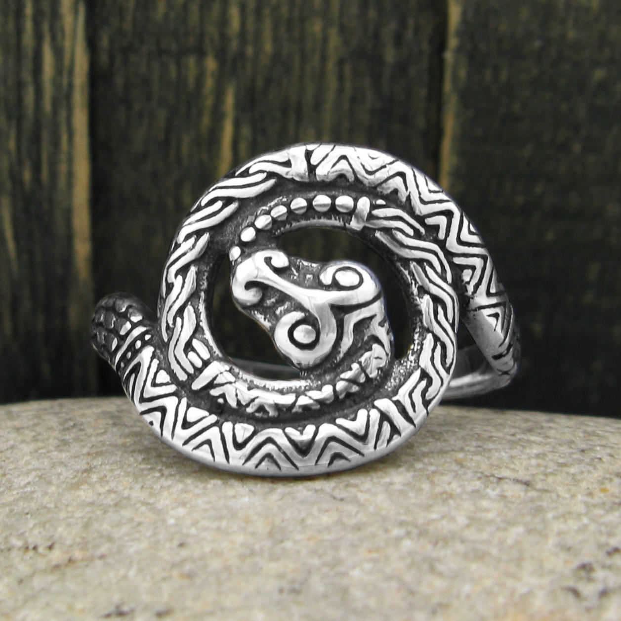 Coiled Ouroboros Snake Oxidized Ring Tribal