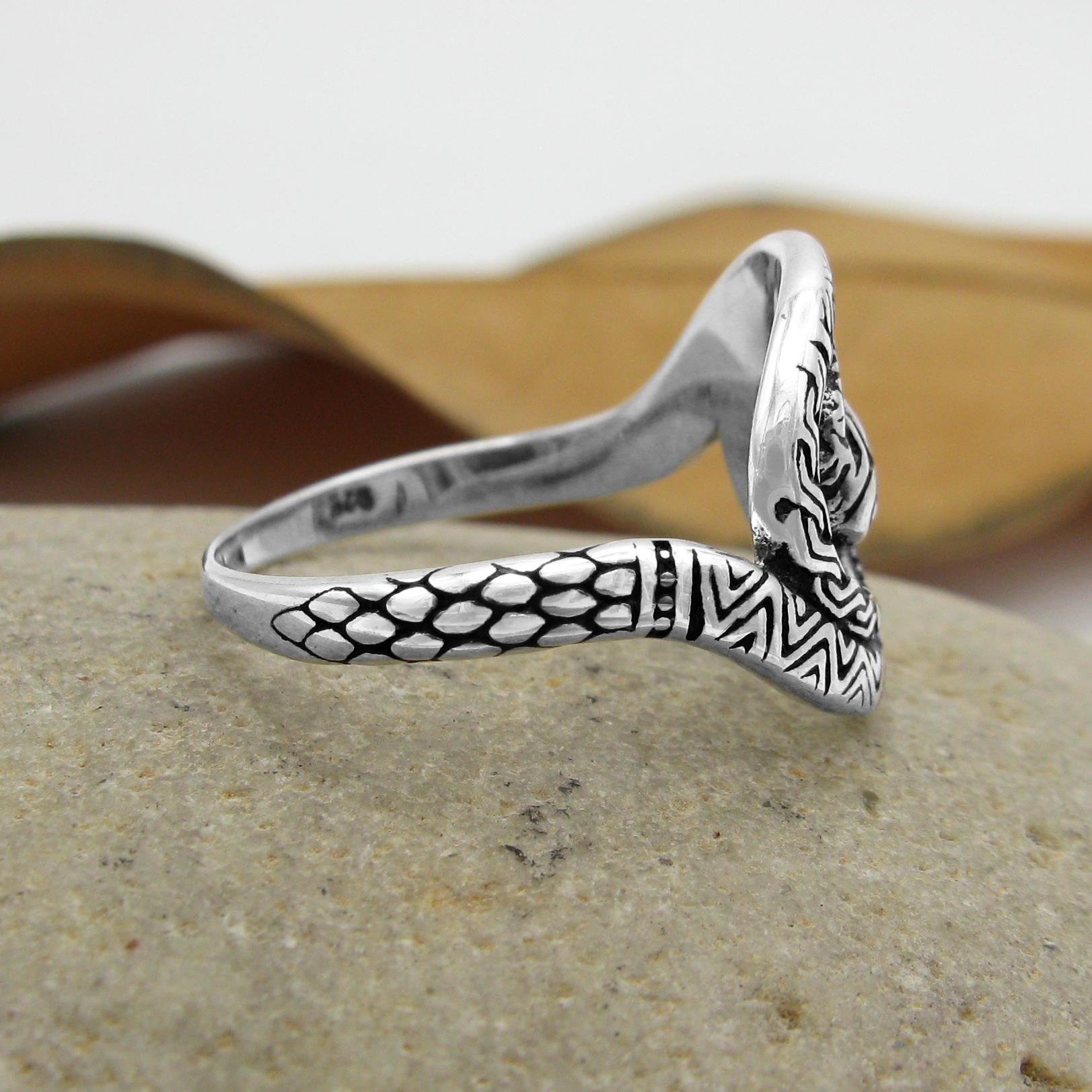 Coiled Ouroboros Snake Oxidized Ring Tribal