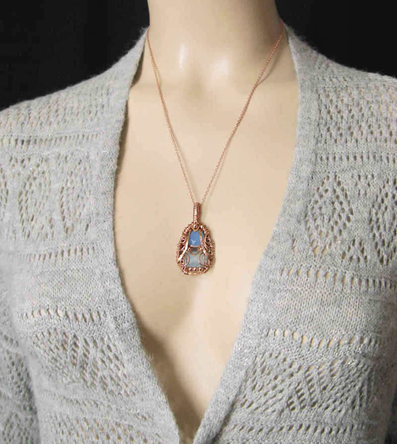 Copper Wire-Wrapped Polished Faceted Blue and Aqua Chalcedony Pendant with 20" Chain, Handmade Necklace | Woot & Hammy