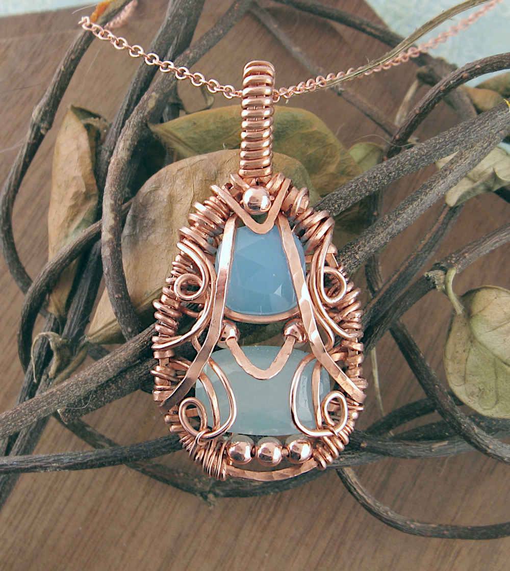 Copper Wire-Wrapped Polished Faceted Blue and Aqua Chalcedony Pendant with 20" Chain, Handmade Necklace | Woot & Hammy