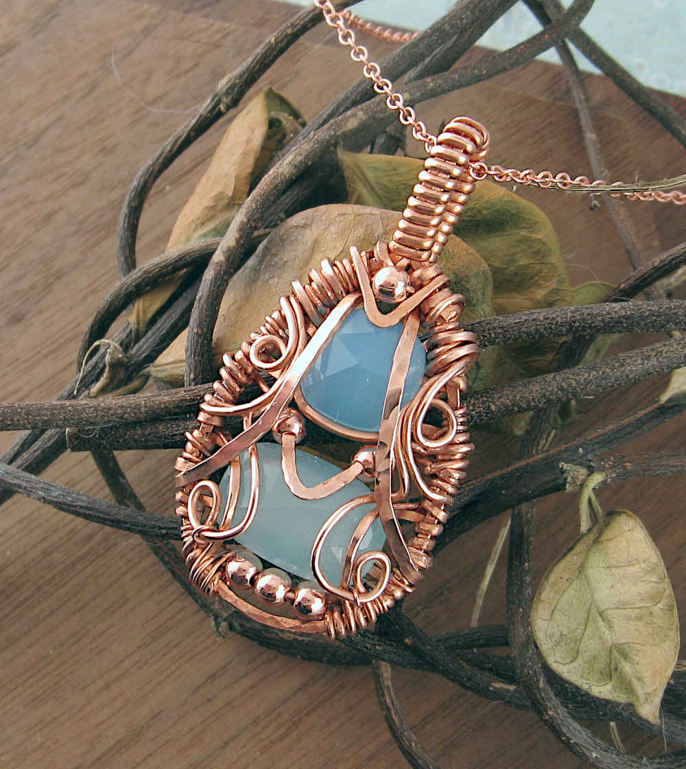 Copper Wire-Wrapped Polished Faceted Blue and Aqua Chalcedony Pendant with 20" Chain, Handmade Necklace | Woot & Hammy