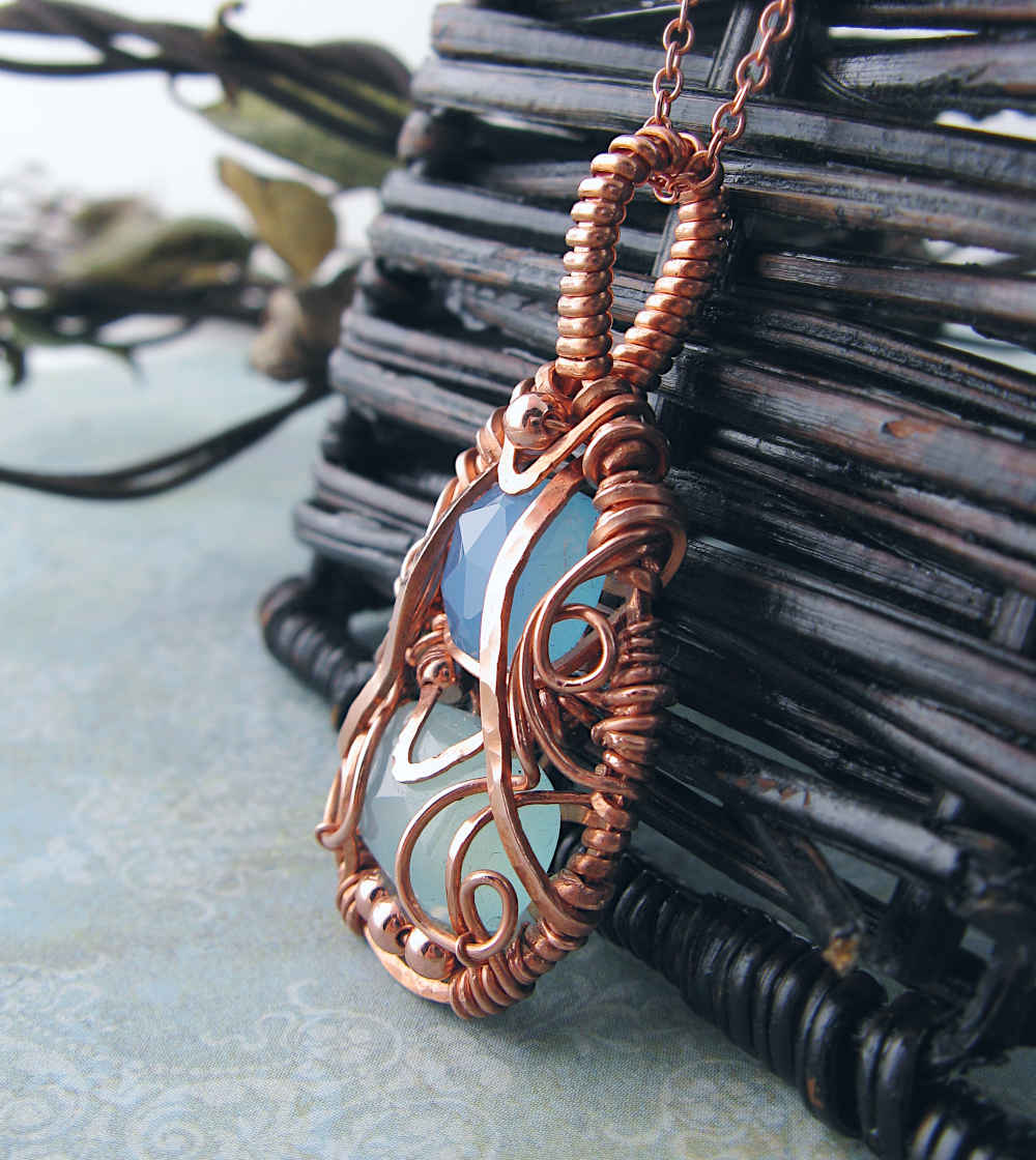 Copper Wire-Wrapped Polished Faceted Blue and Aqua Chalcedony Pendant with 20" Chain, Handmade Necklace | Woot & Hammy