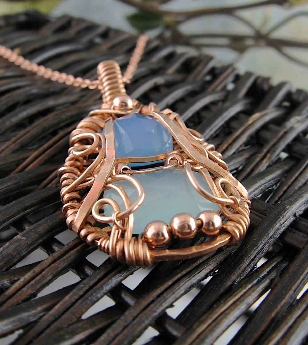 Copper Wire-Wrapped Polished Faceted Blue and Aqua Chalcedony Pendant with 20" Chain, Handmade Necklace | Woot & Hammy