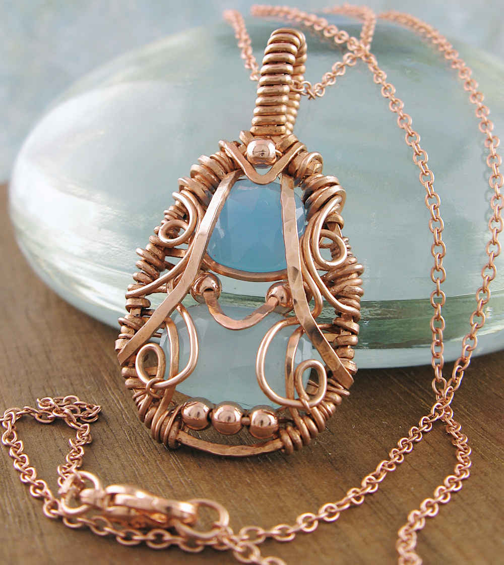 Copper Wire-Wrapped Polished Faceted Blue and Aqua Chalcedony Pendant with 20" Chain, Handmade Necklace | Woot & Hammy