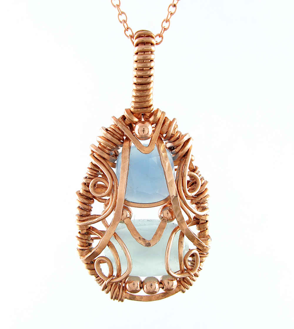 Copper Wire-Wrapped Polished Faceted Blue and Aqua Chalcedony Pendant with 20" Chain, Handmade Necklace | Woot & Hammy