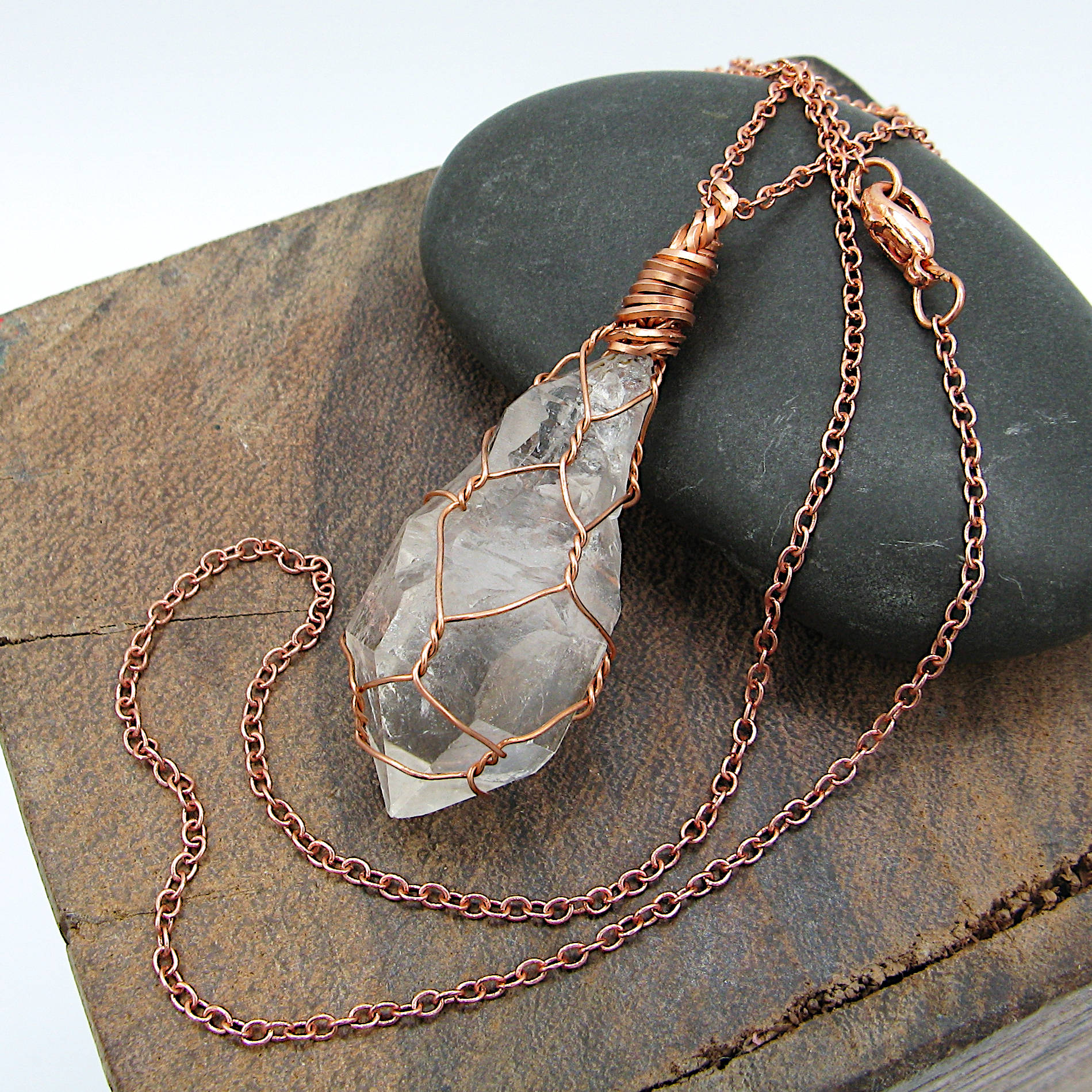 Raw Clear Quartz Crystal Pendants Copper Wire-Wrapped Pendant Handmade  Healing Grounding 20" Chain | Woot & Hammy