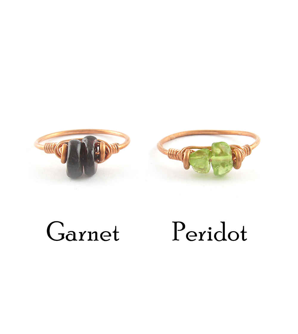 Stackable Copper Wire-Wrapped Polished Gemstone Ring Garnet Peridot Handmade | Woot & Hammy