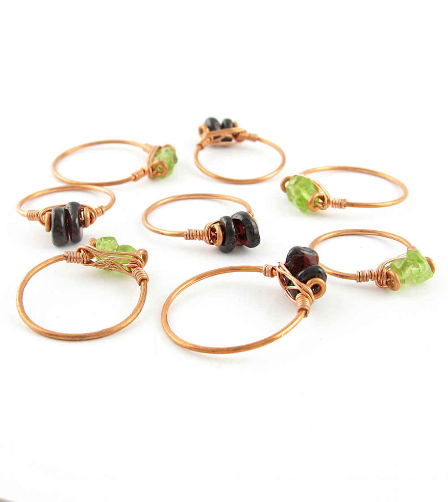 Stackable Copper Wire-Wrapped Polished Gemstone Ring Garnet Peridot Handmade | Woot & Hammy