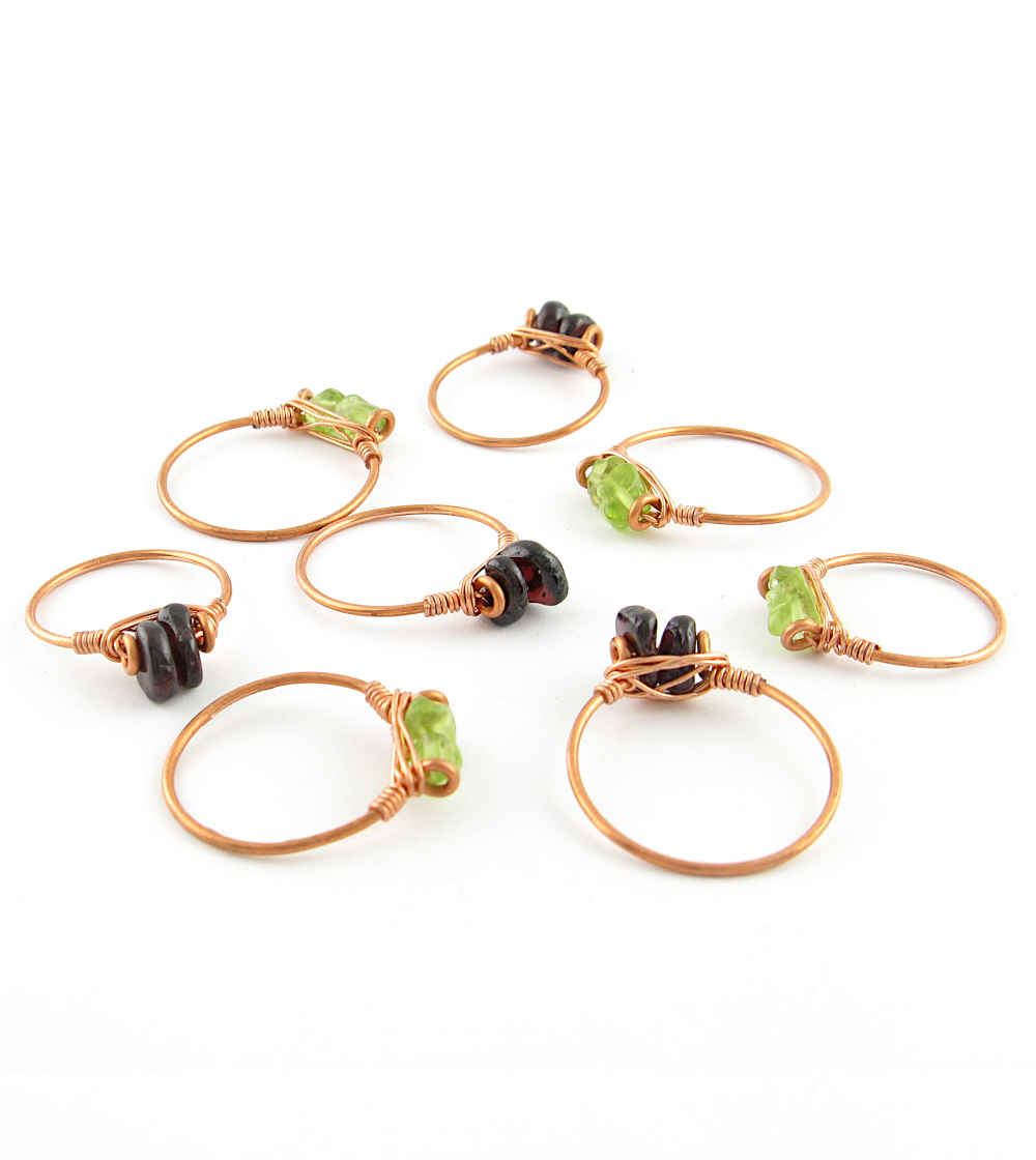 Stackable Copper Wire-Wrapped Polished Gemstone Ring Garnet Peridot Handmade | Woot & Hammy