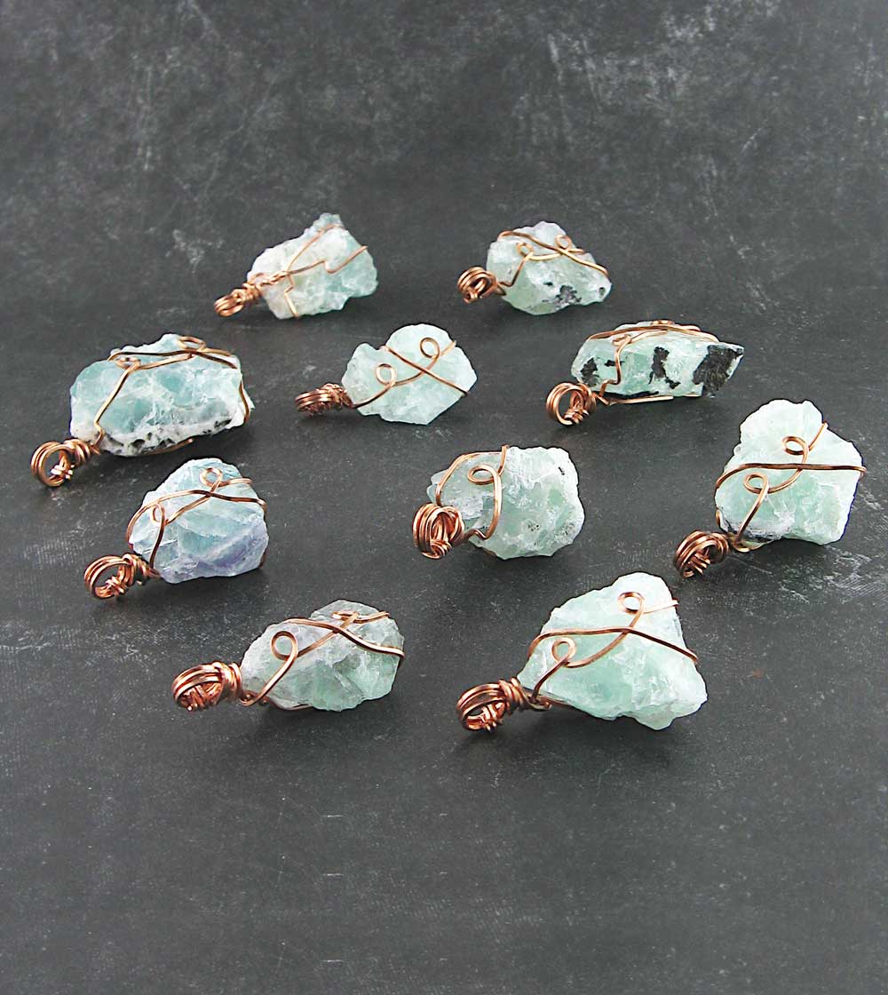 Raw Fluorite Crystal Pendant Necklace Copper Swirl Wire-Wrapped with 20" Chain Blue Green Purple Rough Gemstone various angles