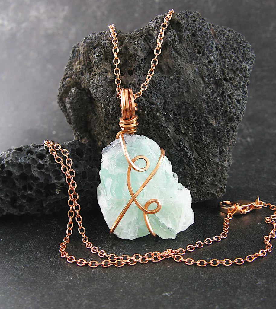 Raw Fluorite Crystal Pendant Necklace Copper Swirl Wire-Wrapped with 20" Chain Blue Green Purple Rough Gemstone front view