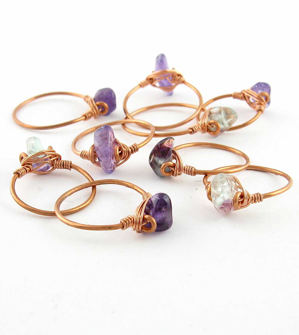 Polished Single Gemstone Stackable Rings, Copper Wire-Wrapped, Handmade