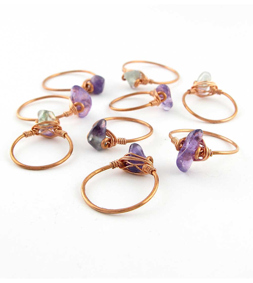 Polished Single Gemstone Stackable Rings, Copper Wire-Wrapped, Handmade