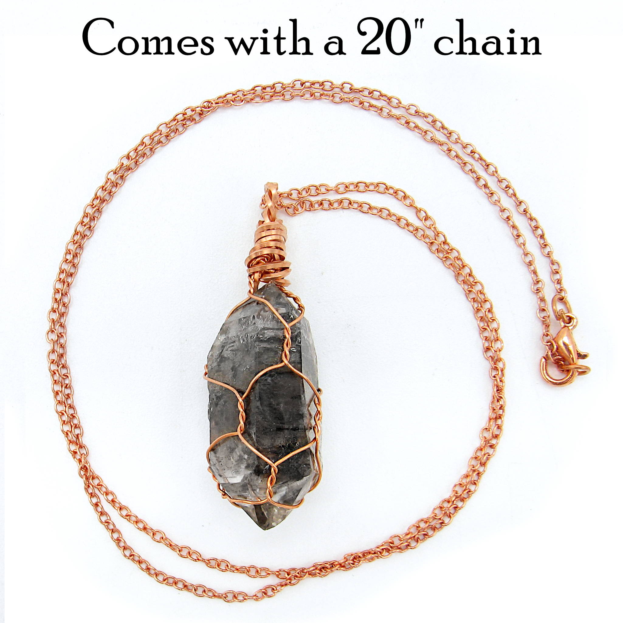 Dark Smoky Quartz Raw Crystal Pendant Necklace, Copper Wire-Wrapped, Handmade, with 20" Chain