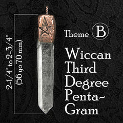 Pendant of clear quartz point with inscribed copper cap titled on dark background